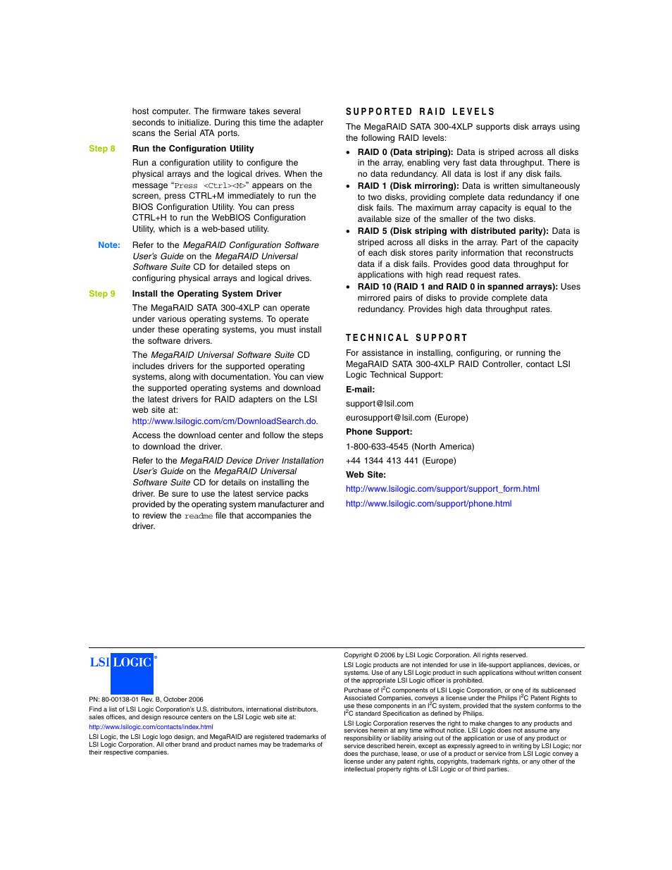 Supported raid levels, Technical support | Avago Technologies MegaRAID SATA 300-4XLP User Manual | Page 3 / 3