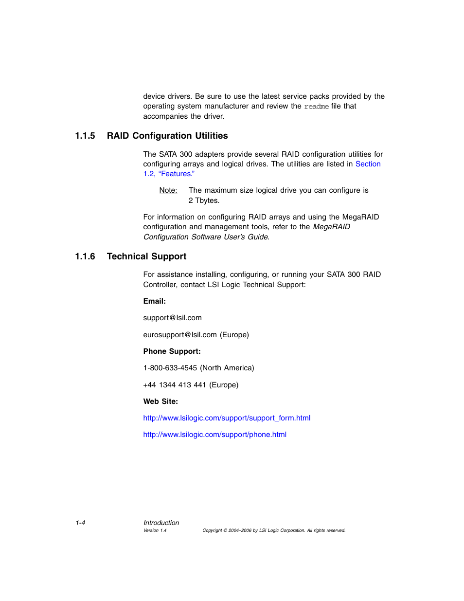 5 raid configuration utilities, 6 technical support, Raid configuration utilities | Technical support | Avago Technologies MegaRAID SATA 300-4XLP User Manual | Page 20 / 54