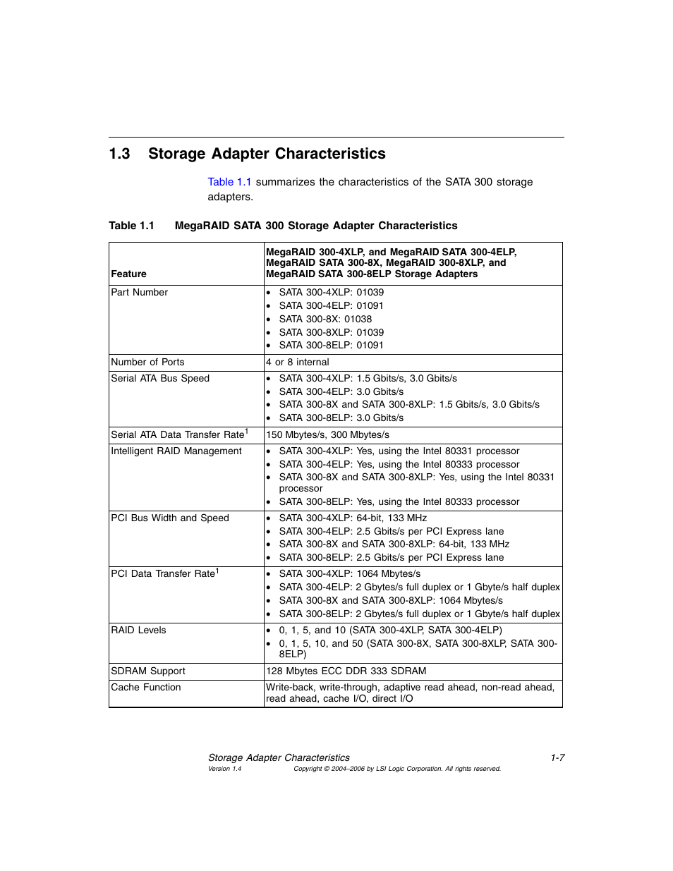 3 storage adapter characteristics, Storage adapter characteristics, Megaraid sata 300 storage adapter characteristics | Avago Technologies MegaRAID SATA 300-4XLP User Manual | Page 23 / 54
