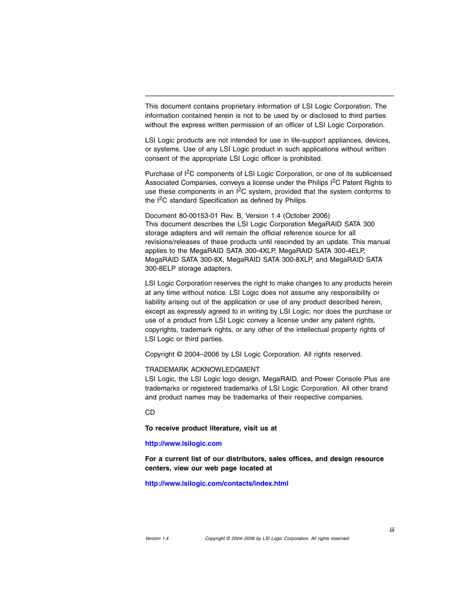 Copyrights | Avago Technologies MegaRAID SATA 300-4XLP User Manual | Page 3 / 54