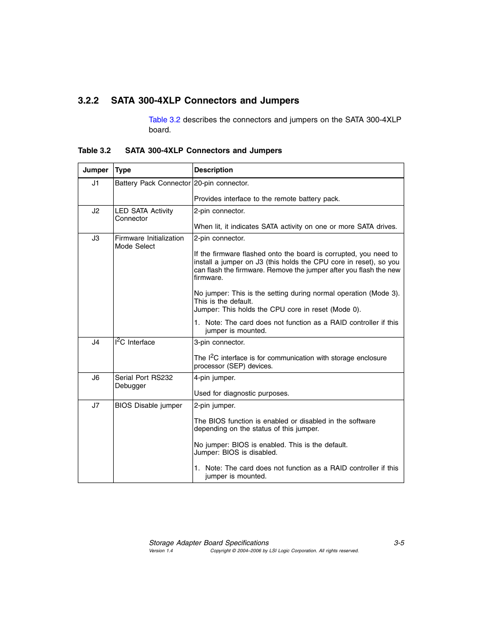 2 sata 300-4xlp connectors and jumpers, Sata 300-4xlp connectors and jumpers | Avago Technologies MegaRAID SATA 300-4XLP User Manual | Page 35 / 54
