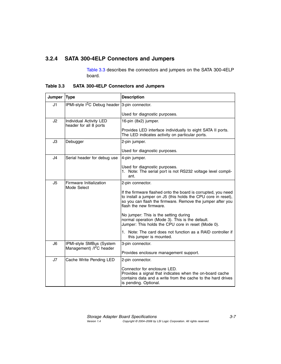 4 sata 300-4elp connectors and jumpers, Sata 300-4elp connectors and jumpers | Avago Technologies MegaRAID SATA 300-4XLP User Manual | Page 37 / 54