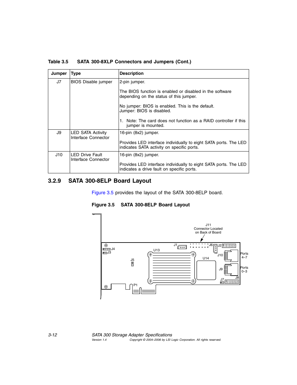 9 sata 300-8elp board layout, Sata 300-8elp board layout | Avago Technologies MegaRAID SATA 300-4XLP User Manual | Page 42 / 54