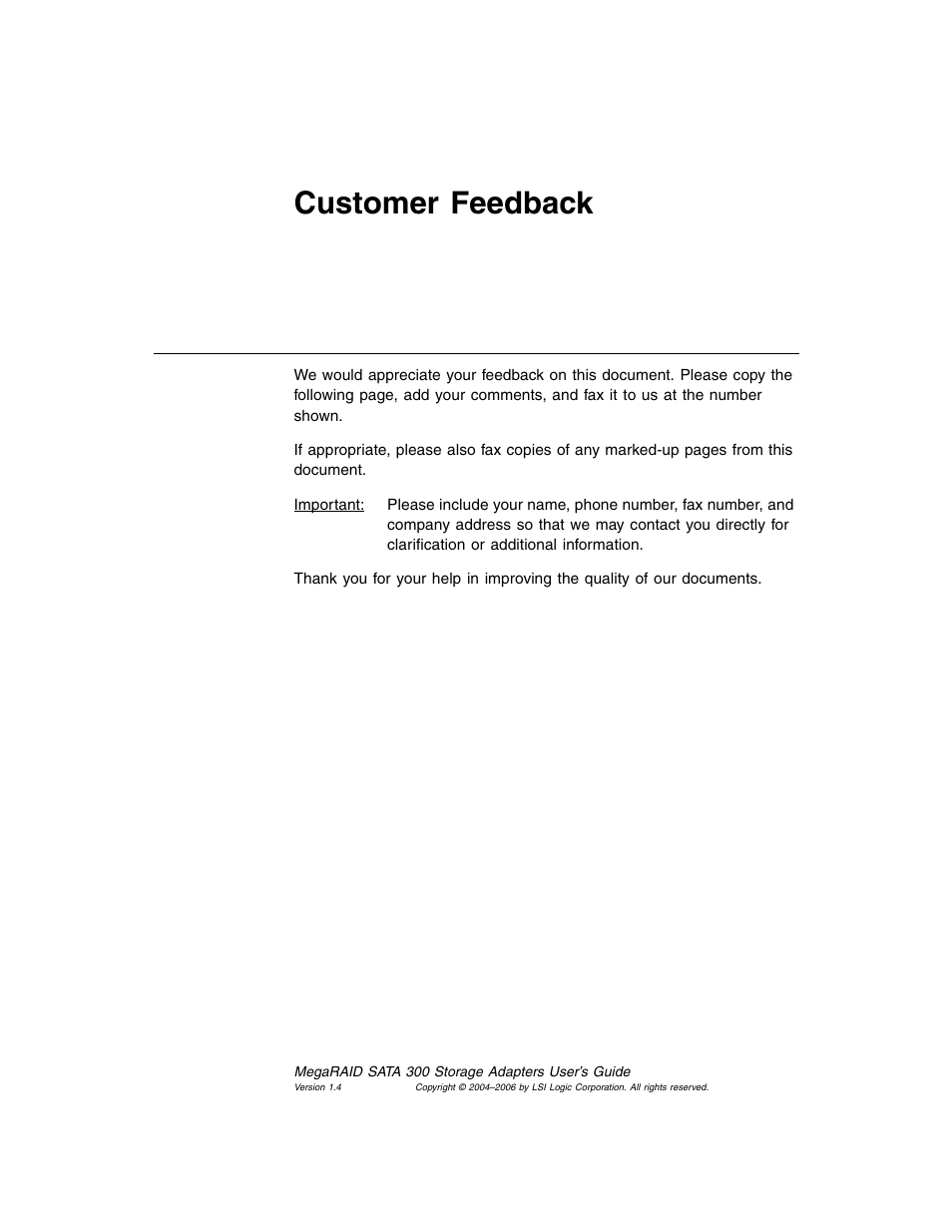 Customer feedback | Avago Technologies MegaRAID SATA 300-4XLP User Manual | Page 53 / 54