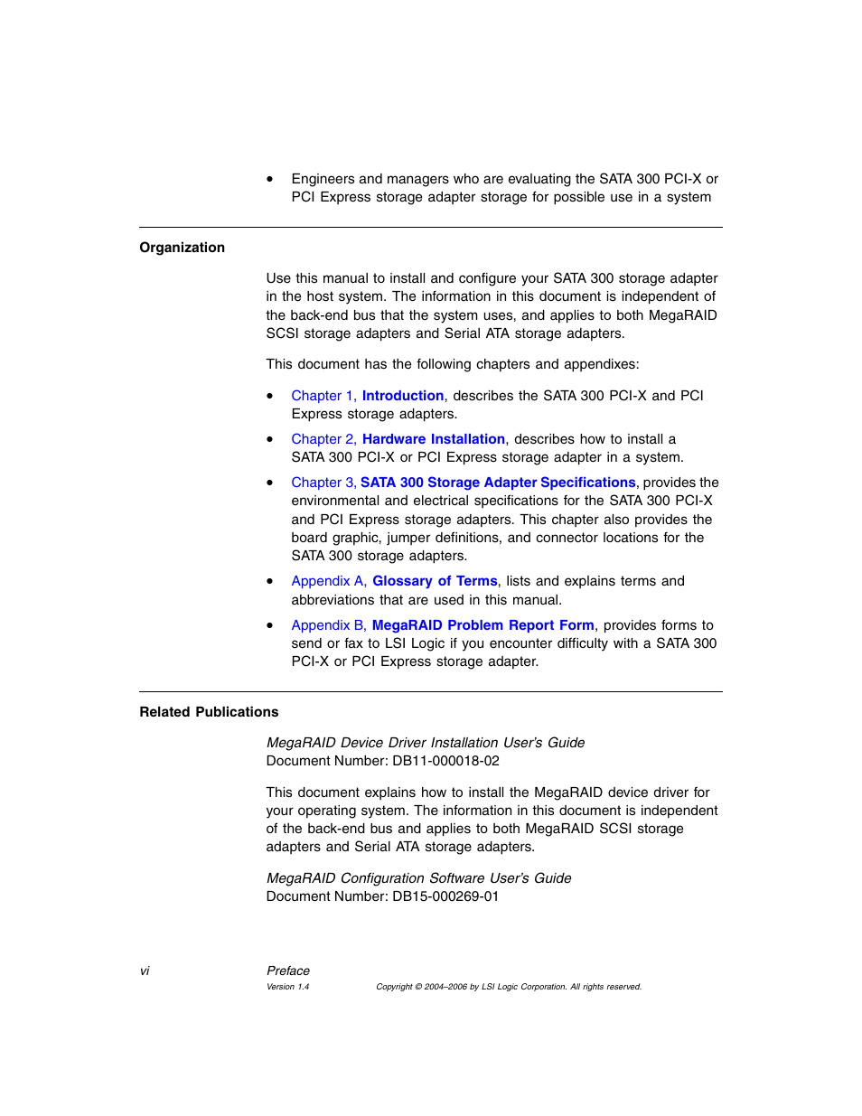 Avago Technologies MegaRAID SATA 300-4XLP User Manual | Page 6 / 54