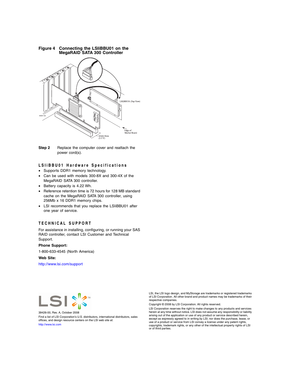 Lsiibbu01 hardware specifications, Technical support, Copyrights | N in, Figure 4 | Avago Technologies MegaRAID SATA 300-8X User Manual | Page 3 / 3