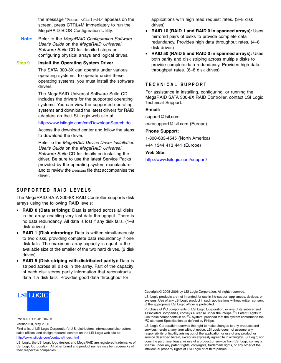 Supported raid levels, Technical support | Avago Technologies MegaRAID SATA 300-8X User Manual | Page 3 / 3