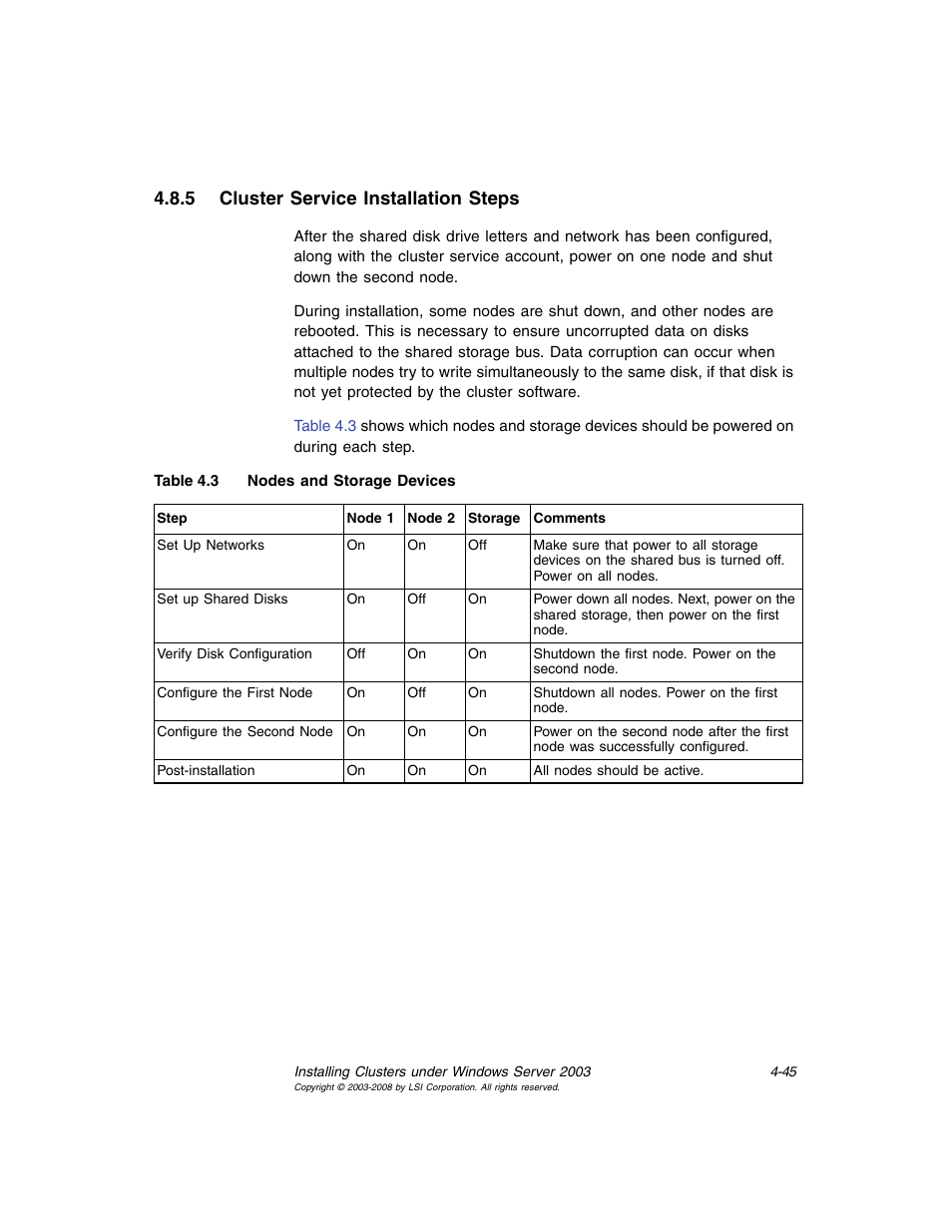 5 cluster service installation steps, Cluster service installation steps, Nodes and storage devices | Avago Technologies MegaRAID SCSI 320-0 (520-0 CH) User Manual | Page 103 / 128