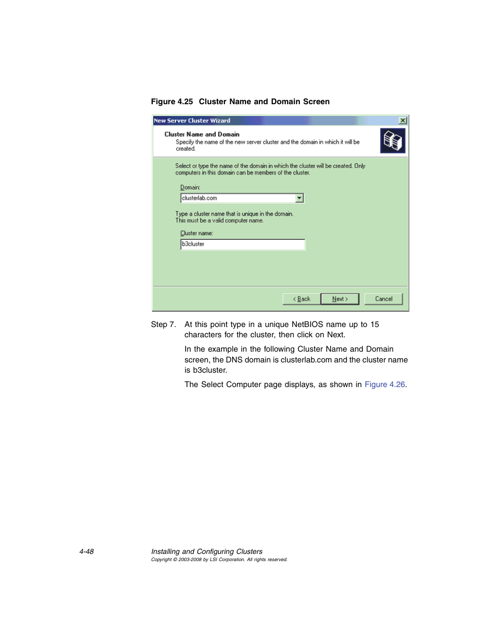 Cluster name and domain screen | Avago Technologies MegaRAID SCSI 320-0 (520-0 CH) User Manual | Page 106 / 128