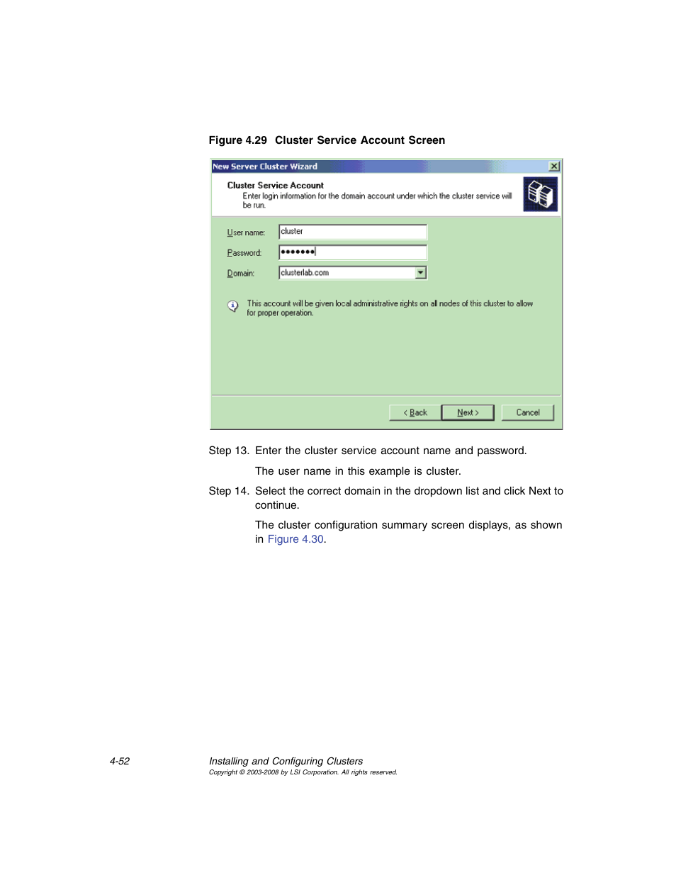 Cluster service account screen | Avago Technologies MegaRAID SCSI 320-0 (520-0 CH) User Manual | Page 110 / 128