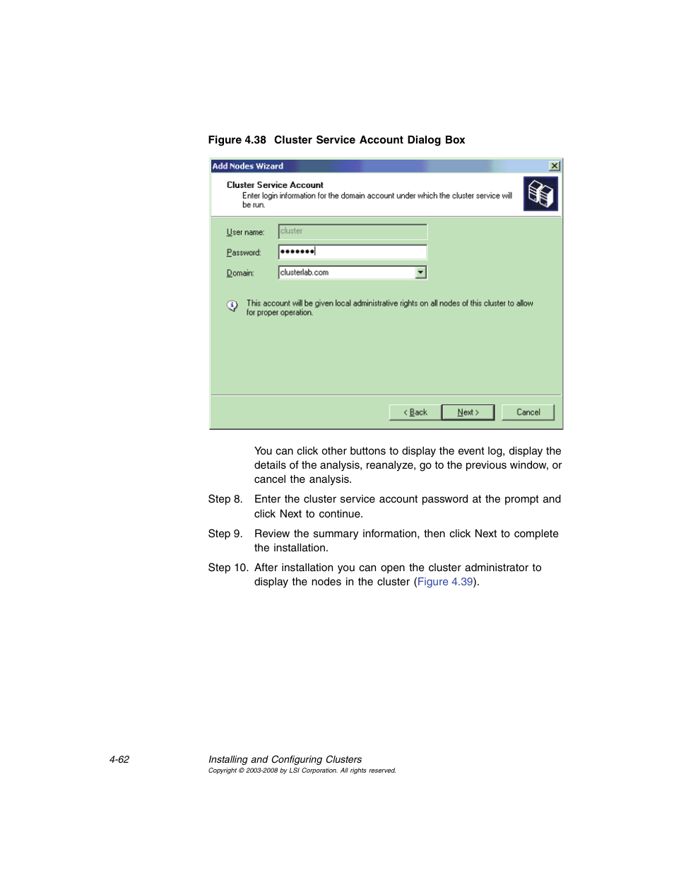 Cluster service account dialog box | Avago Technologies MegaRAID SCSI 320-0 (520-0 CH) User Manual | Page 120 / 128