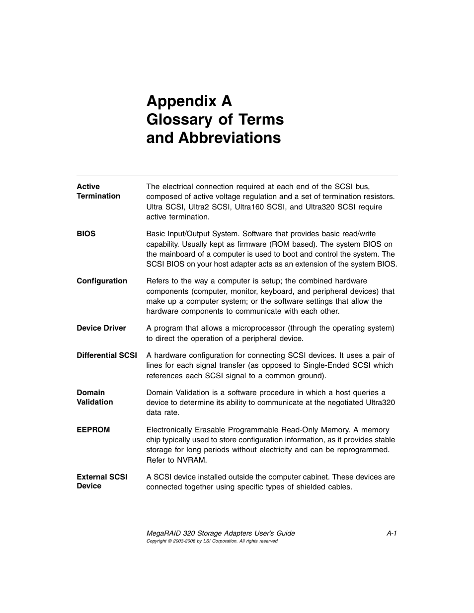 Appendix a glossary of terms and abbreviations, Appendix a, glossary of terms and abbreviations | Avago Technologies MegaRAID SCSI 320-0 (520-0 CH) User Manual | Page 123 / 128