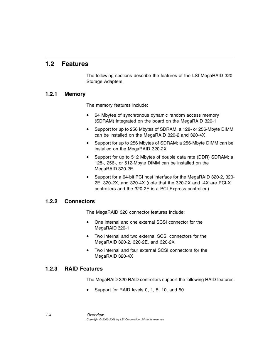 2 features, 1 memory, 2 connectors | 3 raid features, Memory, Connectors, Raid features | Avago Technologies MegaRAID SCSI 320-0 (520-0 CH) User Manual | Page 20 / 128