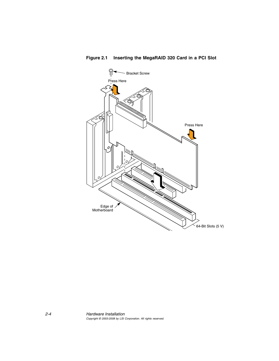 Inserting the megaraid 320 card in a pci slot, N in, Figure 2.1 | Avago Technologies MegaRAID SCSI 320-0 (520-0 CH) User Manual | Page 28 / 128