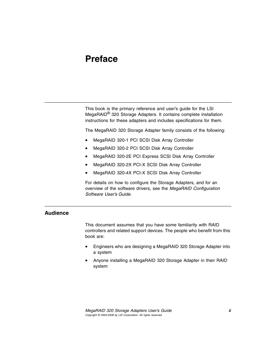 Preface | Avago Technologies MegaRAID SCSI 320-0 (520-0 CH) User Manual | Page 3 / 128