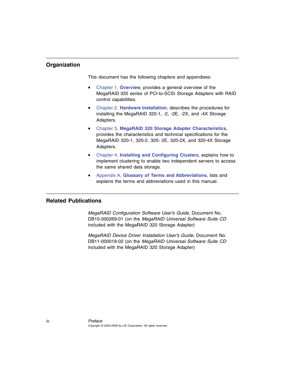 Avago Technologies MegaRAID SCSI 320-0 (520-0 CH) User Manual | Page 4 / 128