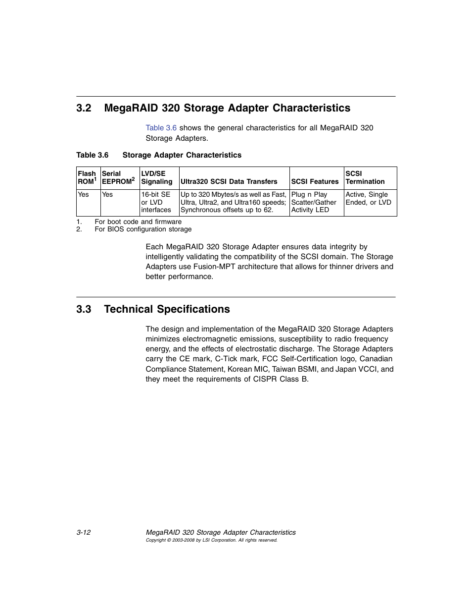 2 megaraid 320 storage adapter characteristics, 3 technical specifications, Megaraid 320 storage adapter characteristics | Technical specifications, Storage adapter characteristics, Section 3.3, “technical specifications | Avago Technologies MegaRAID SCSI 320-0 (520-0 CH) User Manual | Page 52 / 128