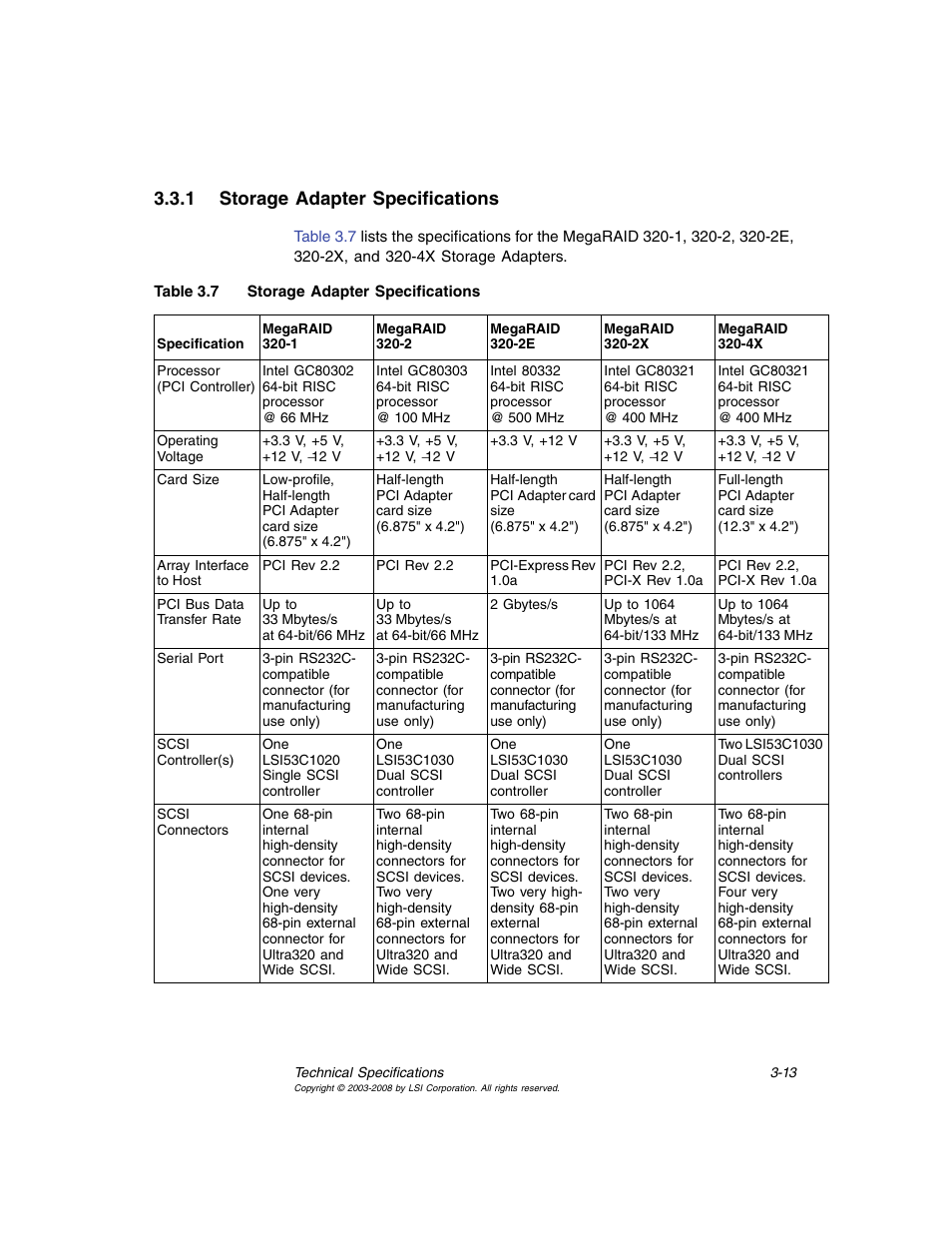 1 storage adapter specifications, Storage adapter specifications, Table 3.7 | Lists th | Avago Technologies MegaRAID SCSI 320-0 (520-0 CH) User Manual | Page 53 / 128