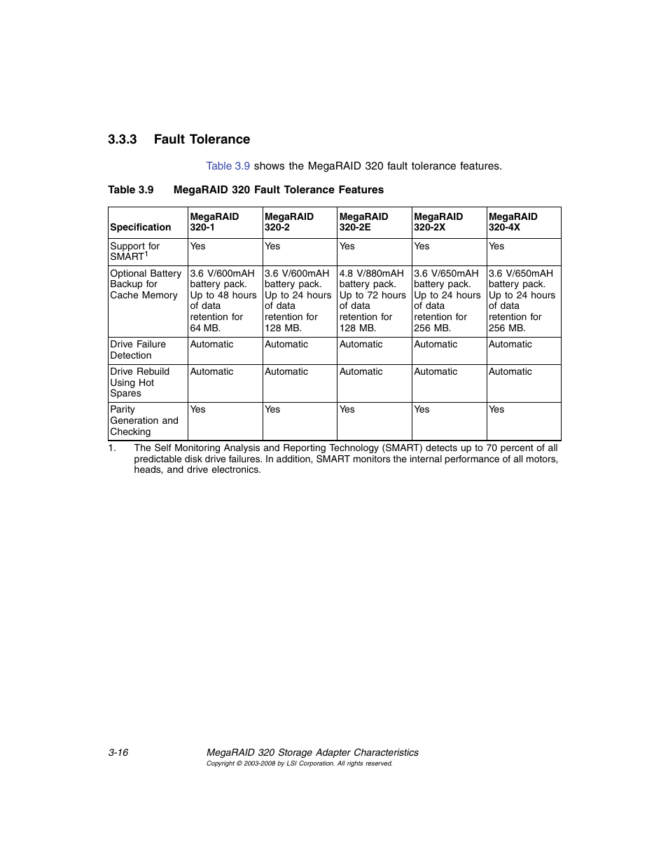 3 fault tolerance, Fault tolerance, Megaraid 320 fault tolerance features | Avago Technologies MegaRAID SCSI 320-0 (520-0 CH) User Manual | Page 56 / 128