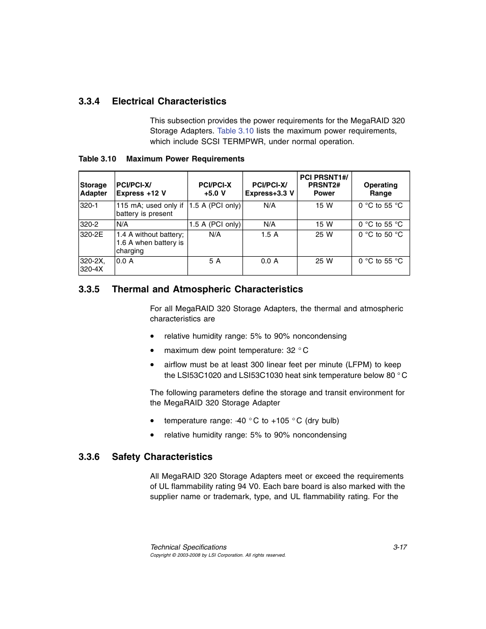 4 electrical characteristics, 5 thermal and atmospheric characteristics, 6 safety characteristics | Electrical characteristics, Thermal and atmospheric characteristics, Safety characteristics, Maximum power requirements | Avago Technologies MegaRAID SCSI 320-0 (520-0 CH) User Manual | Page 57 / 128