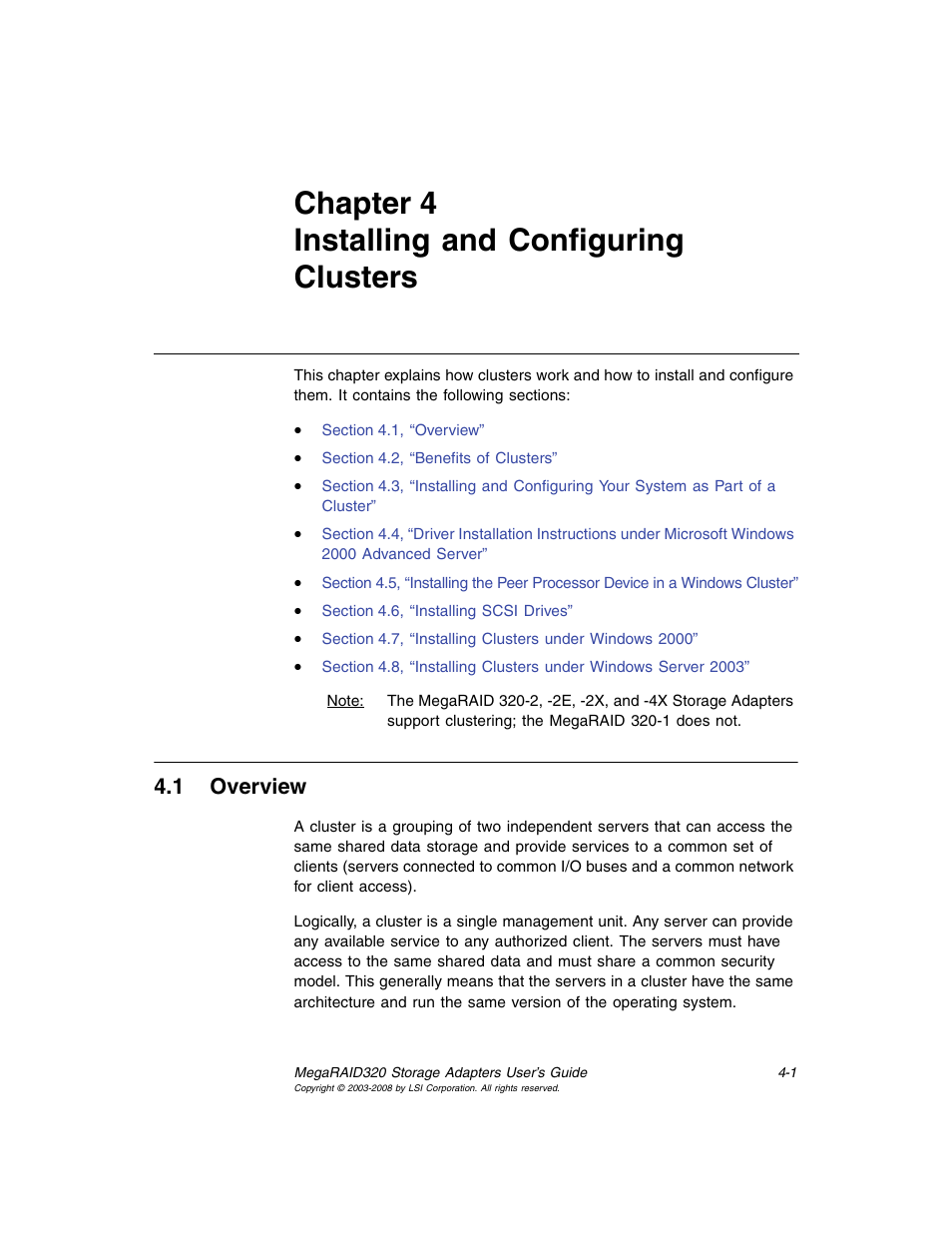 Chapter 4 installing and configuring clusters, 1 overview, Chapter 4, installing and configuring clusters | Overview, Chapter 4, “installing and configuring, Clusters | Avago Technologies MegaRAID SCSI 320-0 (520-0 CH) User Manual | Page 59 / 128