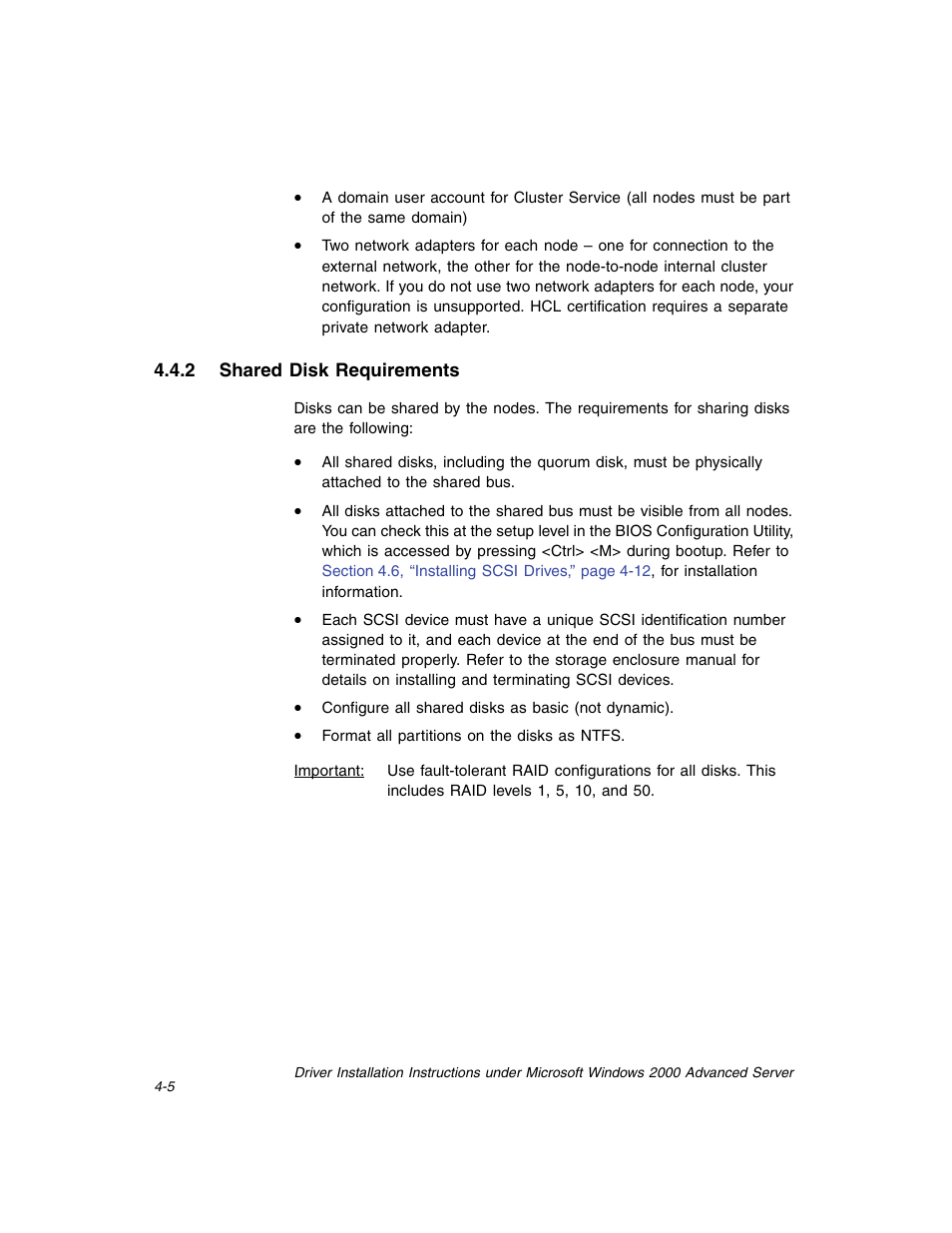 2 shared disk requirements, Shared disk requirements | Avago Technologies MegaRAID SCSI 320-0 (520-0 CH) User Manual | Page 63 / 128