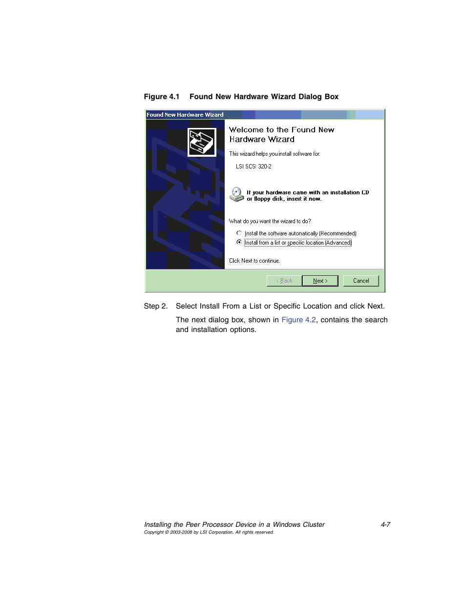 Found new hardware wizard dialog box | Avago Technologies MegaRAID SCSI 320-0 (520-0 CH) User Manual | Page 65 / 128