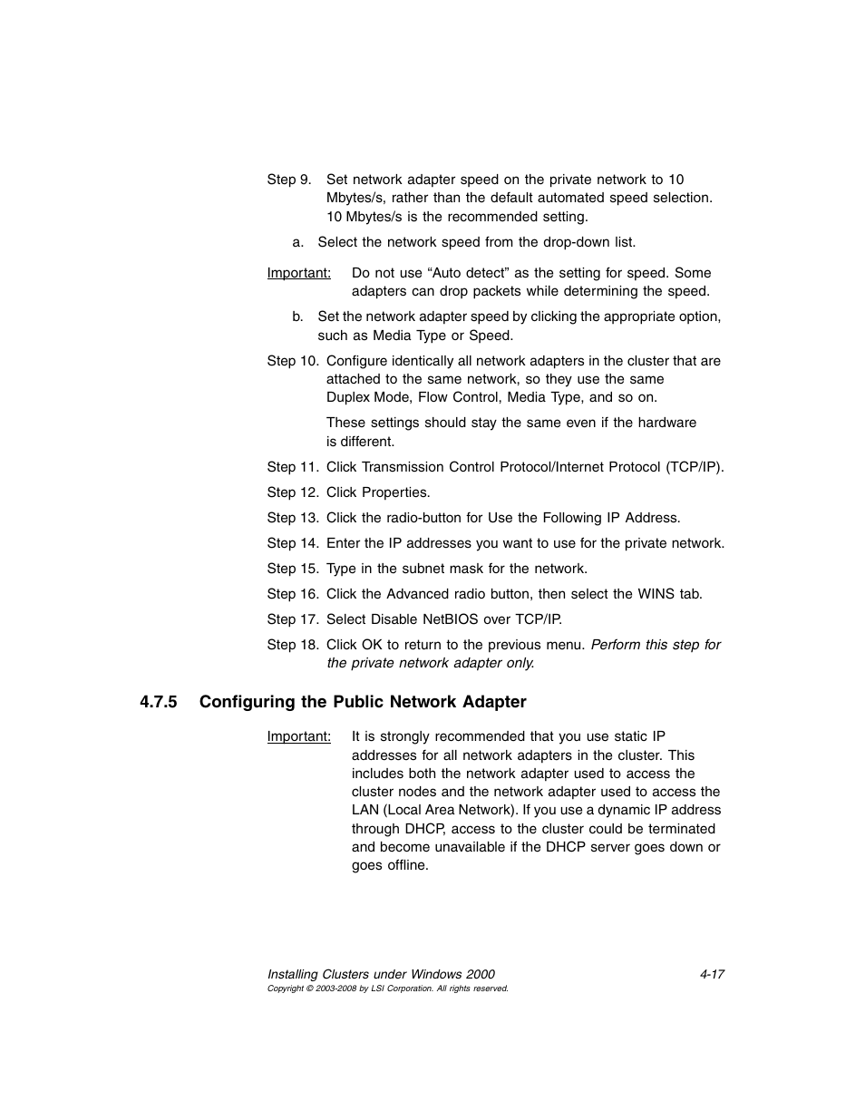 5 configuring the public network adapter, Configuring the public network adapter | Avago Technologies MegaRAID SCSI 320-0 (520-0 CH) User Manual | Page 75 / 128