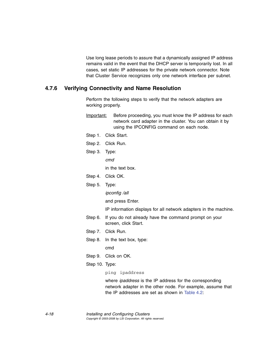 6 verifying connectivity and name resolution, Verifying connectivity and name resolution | Avago Technologies MegaRAID SCSI 320-0 (520-0 CH) User Manual | Page 76 / 128