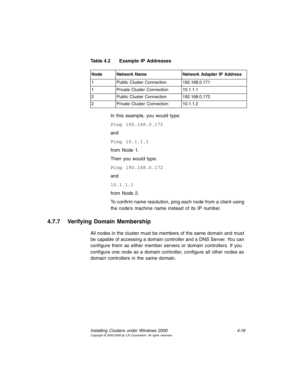 7 verifying domain membership, Verifying domain membership, Example ip addresses | Avago Technologies MegaRAID SCSI 320-0 (520-0 CH) User Manual | Page 77 / 128