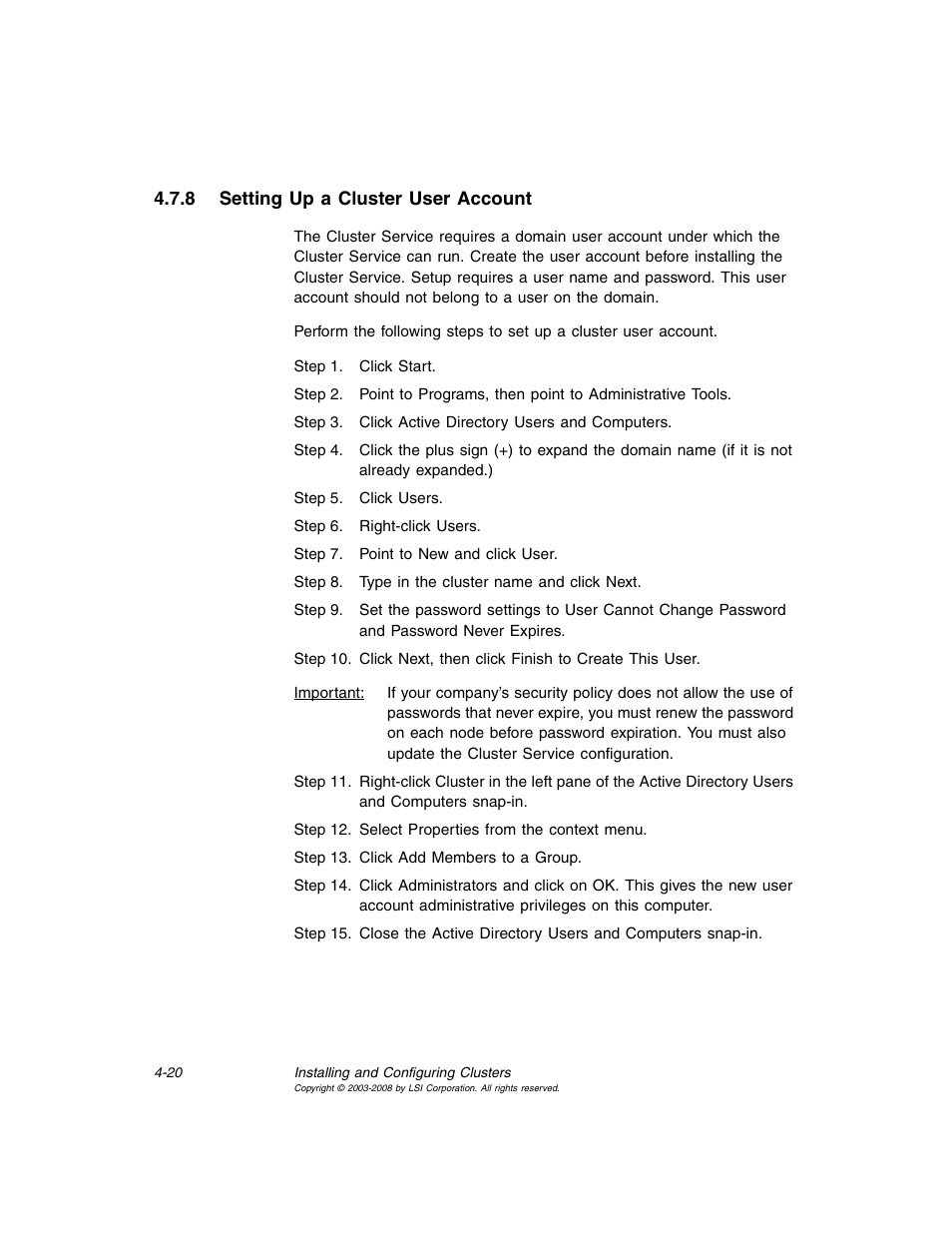 8 setting up a cluster user account, Setting up a cluster user account | Avago Technologies MegaRAID SCSI 320-0 (520-0 CH) User Manual | Page 78 / 128