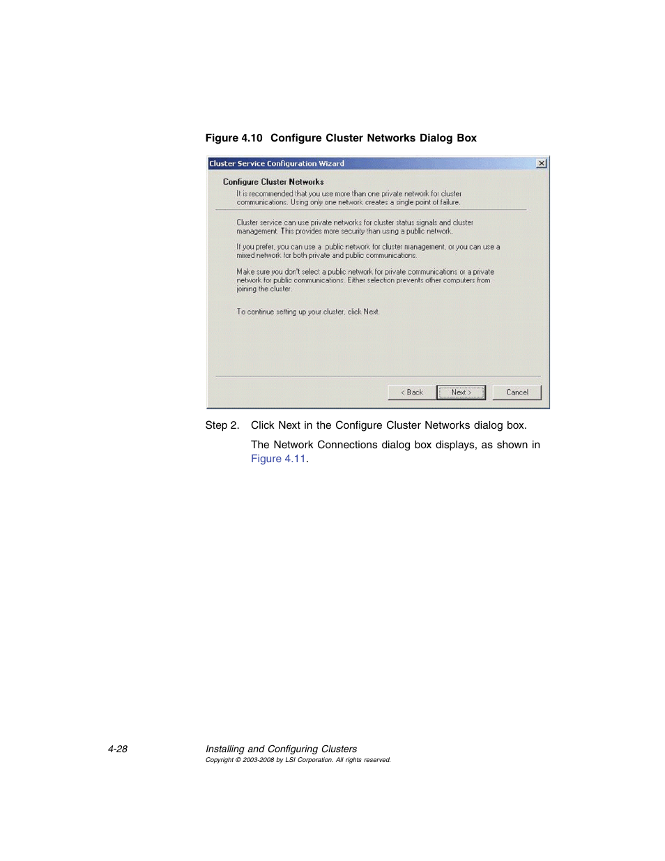 Configure cluster networks dialog box, Figure 4.10 | Avago Technologies MegaRAID SCSI 320-0 (520-0 CH) User Manual | Page 86 / 128