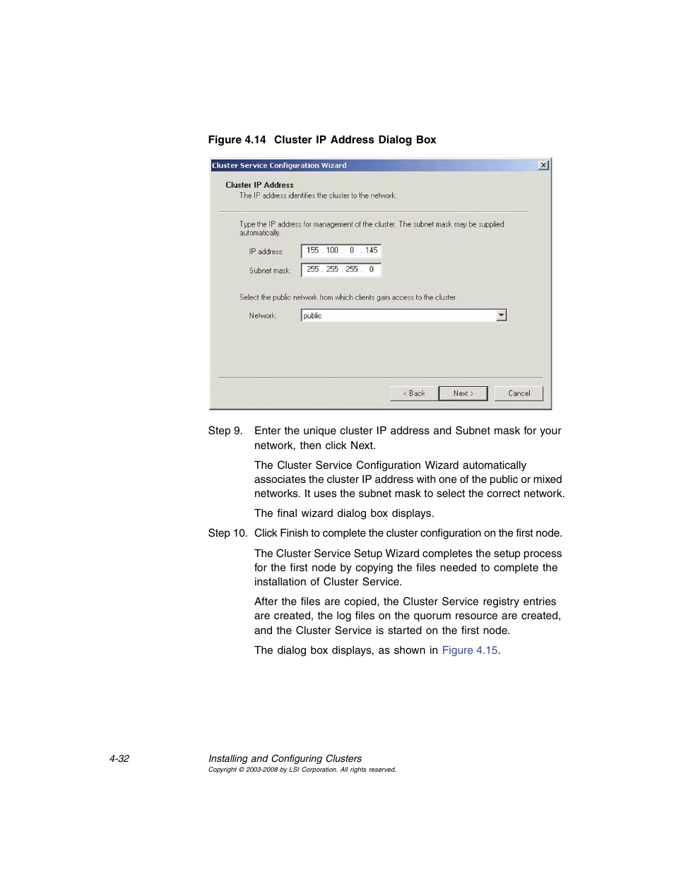 Cluster ip address dialog box | Avago Technologies MegaRAID SCSI 320-0 (520-0 CH) User Manual | Page 90 / 128