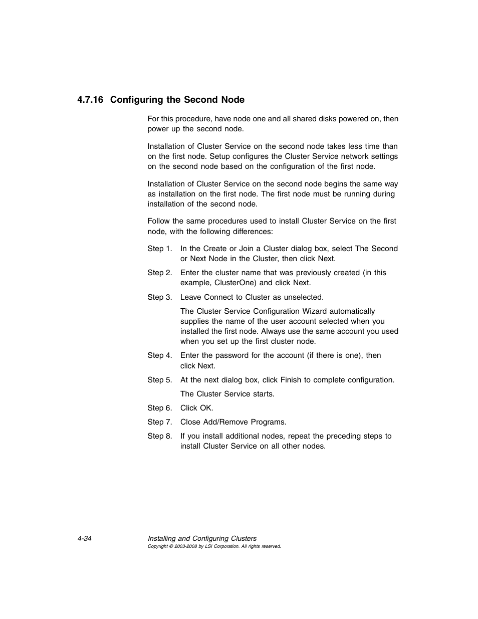 16 configuring the second node, Configuring the second node | Avago Technologies MegaRAID SCSI 320-0 (520-0 CH) User Manual | Page 92 / 128