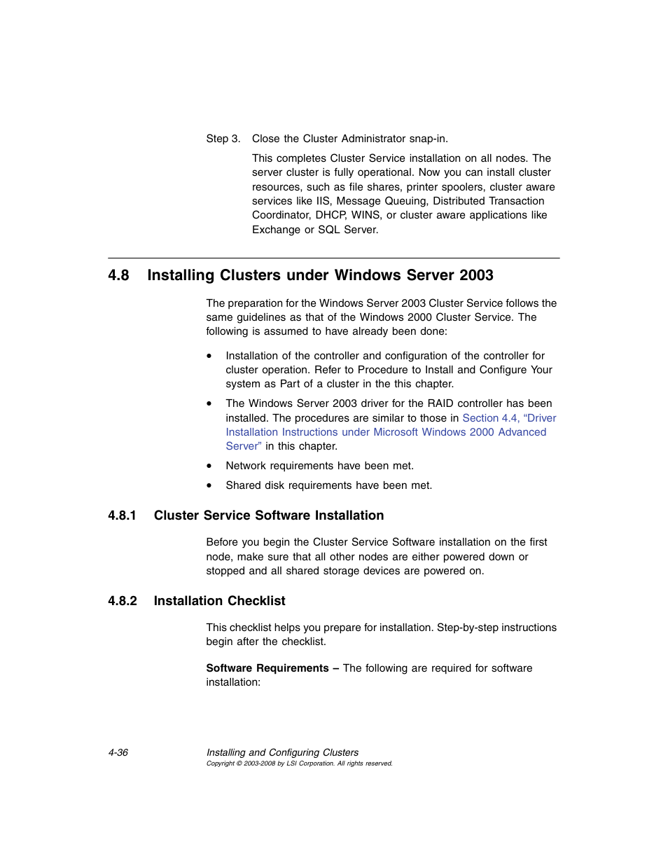 8 installing clusters under windows server 2003, 1 cluster service software installation, 2 installation checklist | Installing clusters under windows server 2003, Cluster service software installation, Installation checklist | Avago Technologies MegaRAID SCSI 320-0 (520-0 CH) User Manual | Page 94 / 128