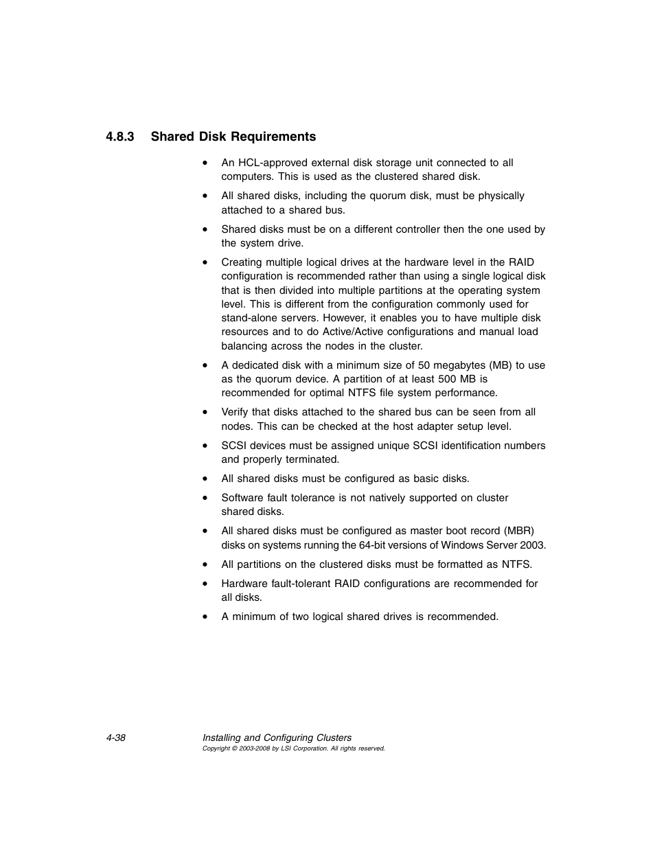 3 shared disk requirements, Shared disk requirements | Avago Technologies MegaRAID SCSI 320-0 (520-0 CH) User Manual | Page 96 / 128