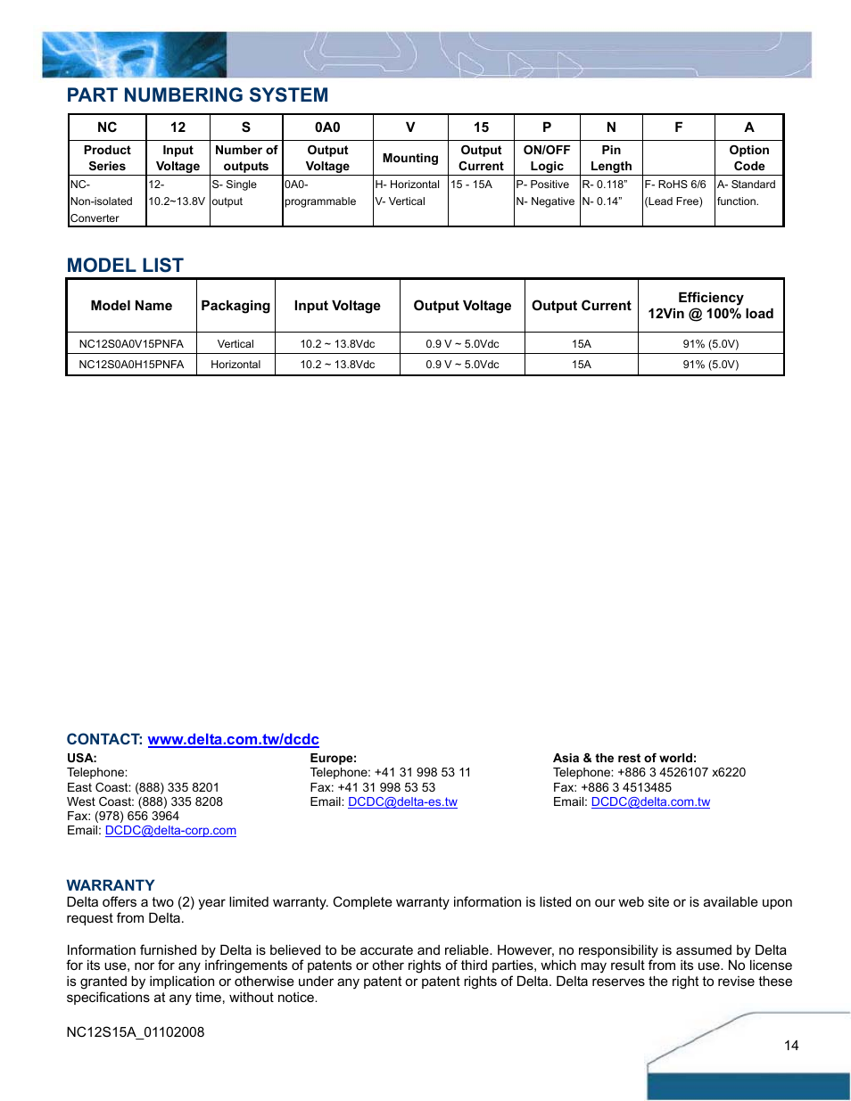 Mounting, Warranty, Part numbering system model list | Delta Electronics NC15 Series User Manual | Page 14 / 14