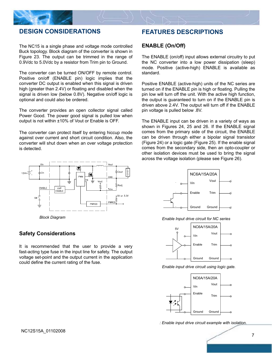 Design considerations, Features descriptions, Enable (on/off) | Safety considerations | Delta Electronics NC15 Series User Manual | Page 7 / 14