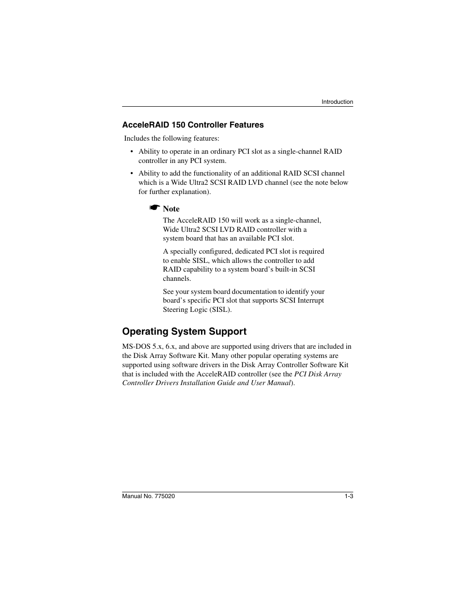 Acceleraid 150 controller features, Operating system support, Acceleraid 150 controller features -3 | Operating system support -3 | Avago Technologies AcceleRAID 150 User Manual | Page 11 / 102