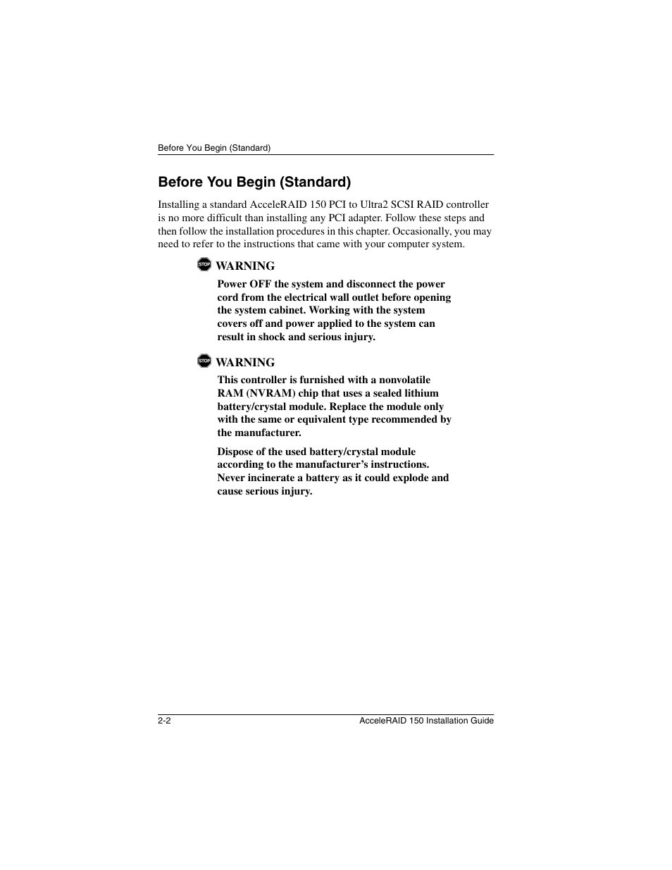 Before you begin (standard), Before you begin (standard) -2 | Avago Technologies AcceleRAID 150 User Manual | Page 16 / 102