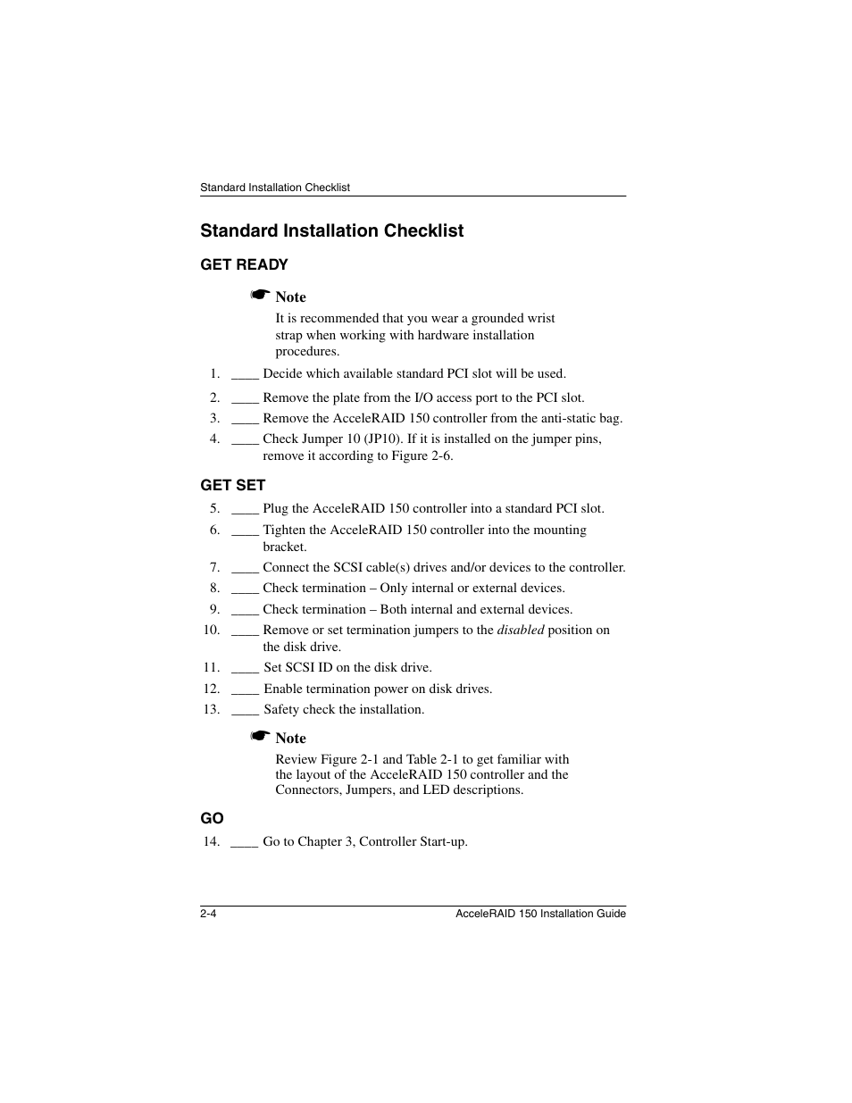 Standard installation checklist, Get ready, Get set | Standard installation checklist -4, Get ready -4 get set -4 go -4 | Avago Technologies AcceleRAID 150 User Manual | Page 18 / 102