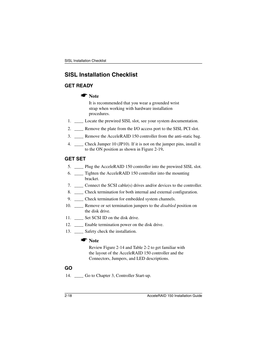 Sisl installation checklist, Get ready, Get set | Sisl installation checklist -18, Get ready -18 get set -18 go -18 | Avago Technologies AcceleRAID 150 User Manual | Page 32 / 102