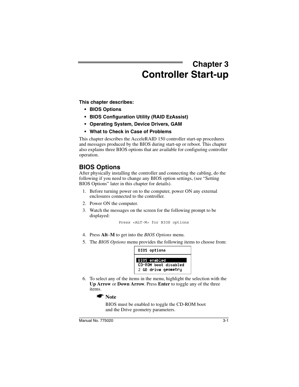 Chapter 3: controller start-up, Bios options, Chapter 3 | Controller start-up, Bios options -1 | Avago Technologies AcceleRAID 150 User Manual | Page 45 / 102