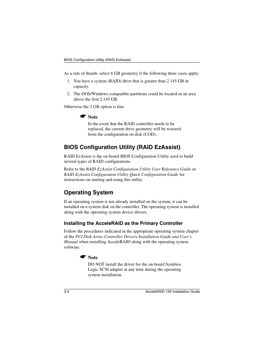 Bios configuration utility (raid ezassist), Operating system | Avago Technologies AcceleRAID 150 User Manual | Page 48 / 102