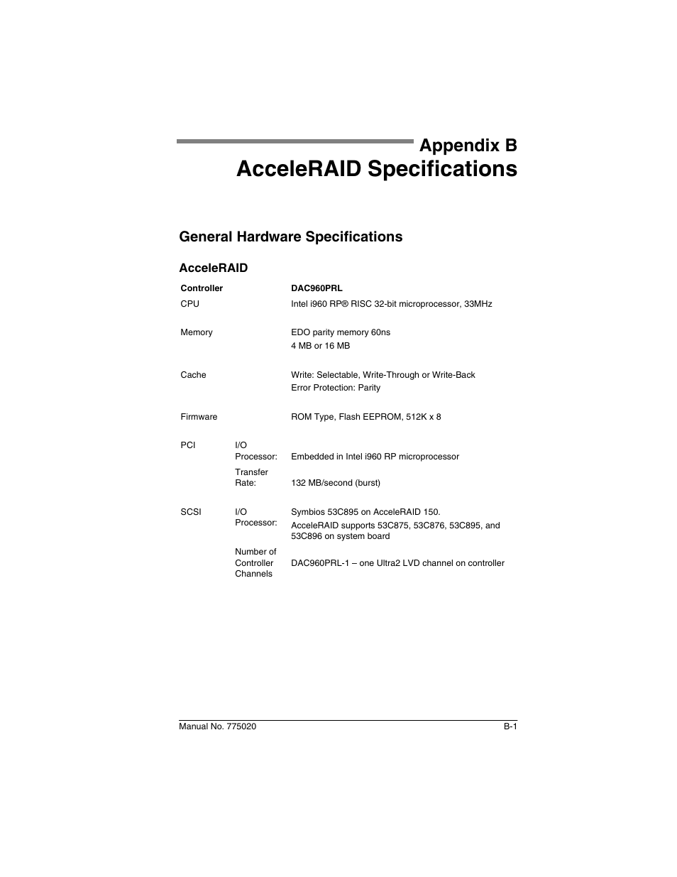 Appendix b: acceleraid specifications, General hardware specifications, Acceleraid | Appendix b, Acceleraid specifications | Avago Technologies AcceleRAID 150 User Manual | Page 55 / 102