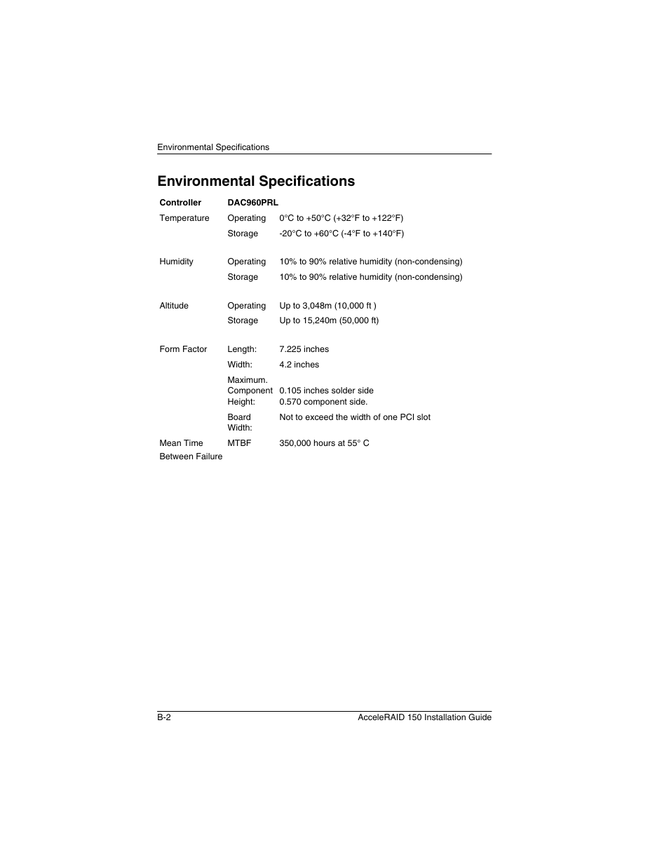 Environmental specifications | Avago Technologies AcceleRAID 150 User Manual | Page 56 / 102