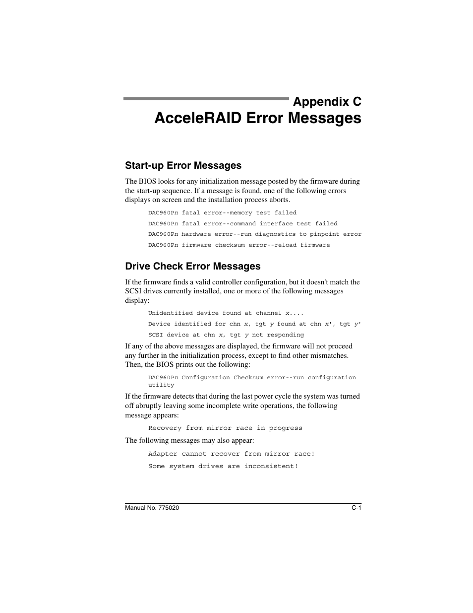 Appendix c: acceleraid error messages, Start-up error messages, Drive check error messages | Appendix c, Acceleraid error messages | Avago Technologies AcceleRAID 150 User Manual | Page 59 / 102