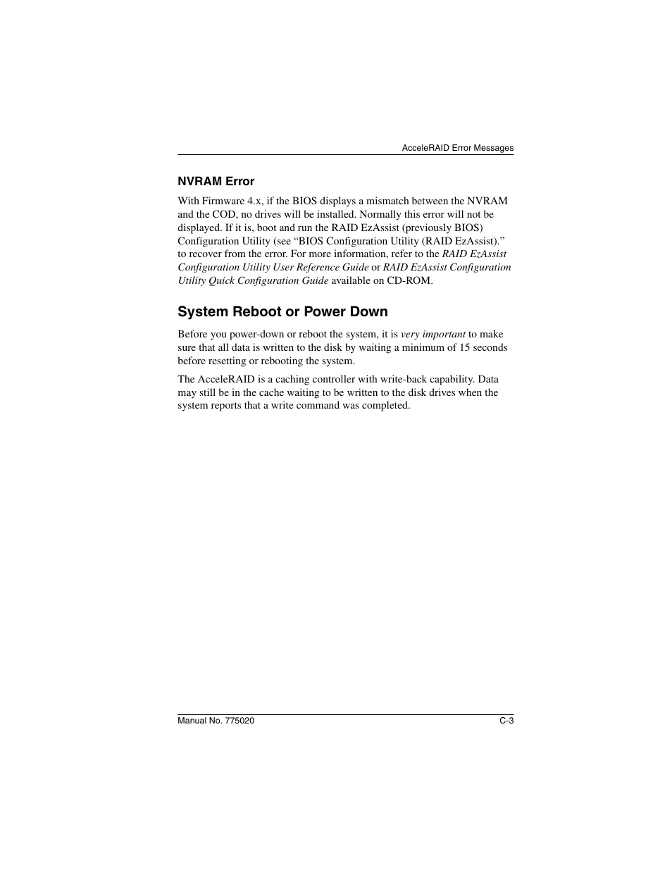 Nvram error, System reboot or power down | Avago Technologies AcceleRAID 150 User Manual | Page 61 / 102