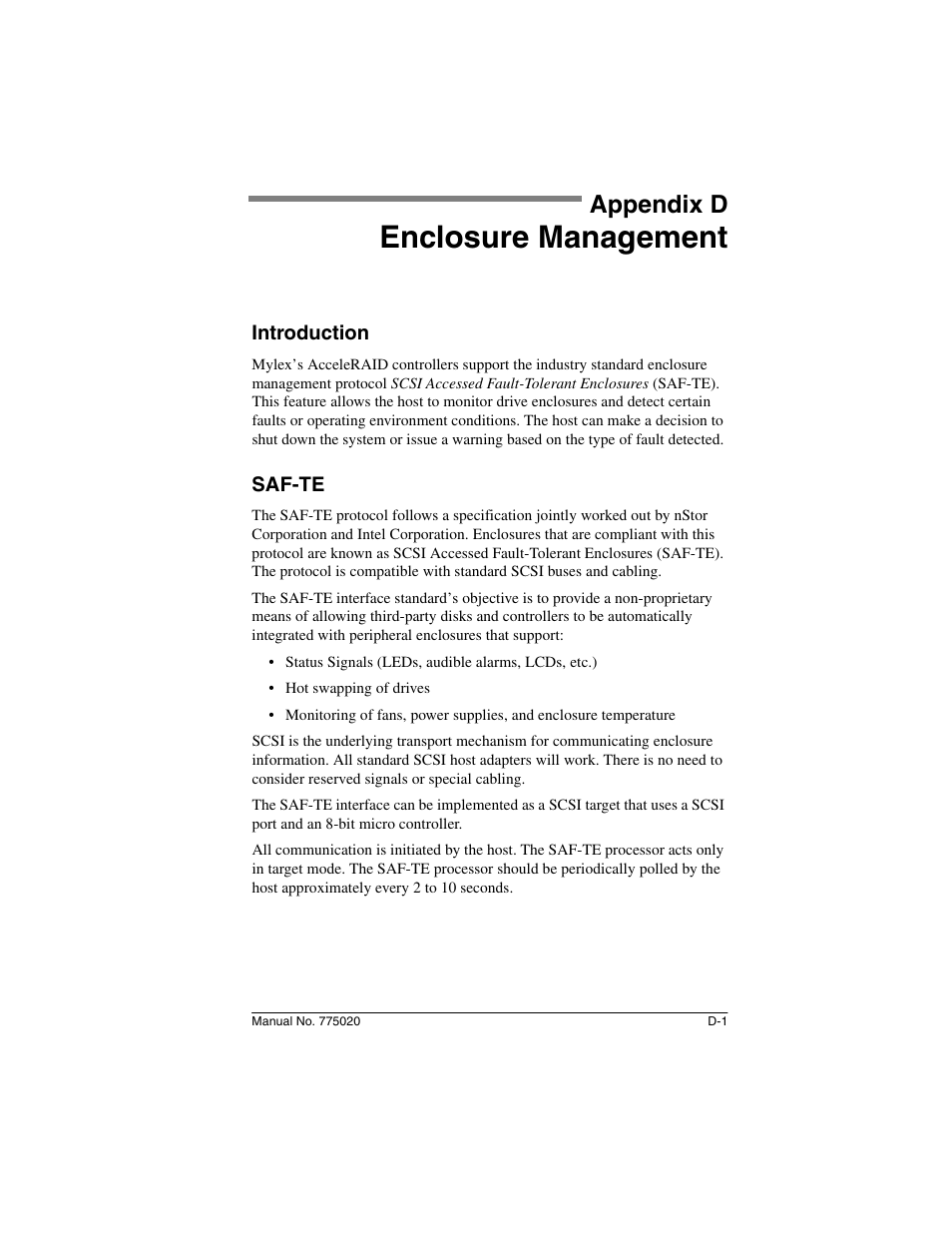 Appendix d: enclosure management, Introduction, Saf-te | Appendix d, Enclosure management | Avago Technologies AcceleRAID 150 User Manual | Page 63 / 102