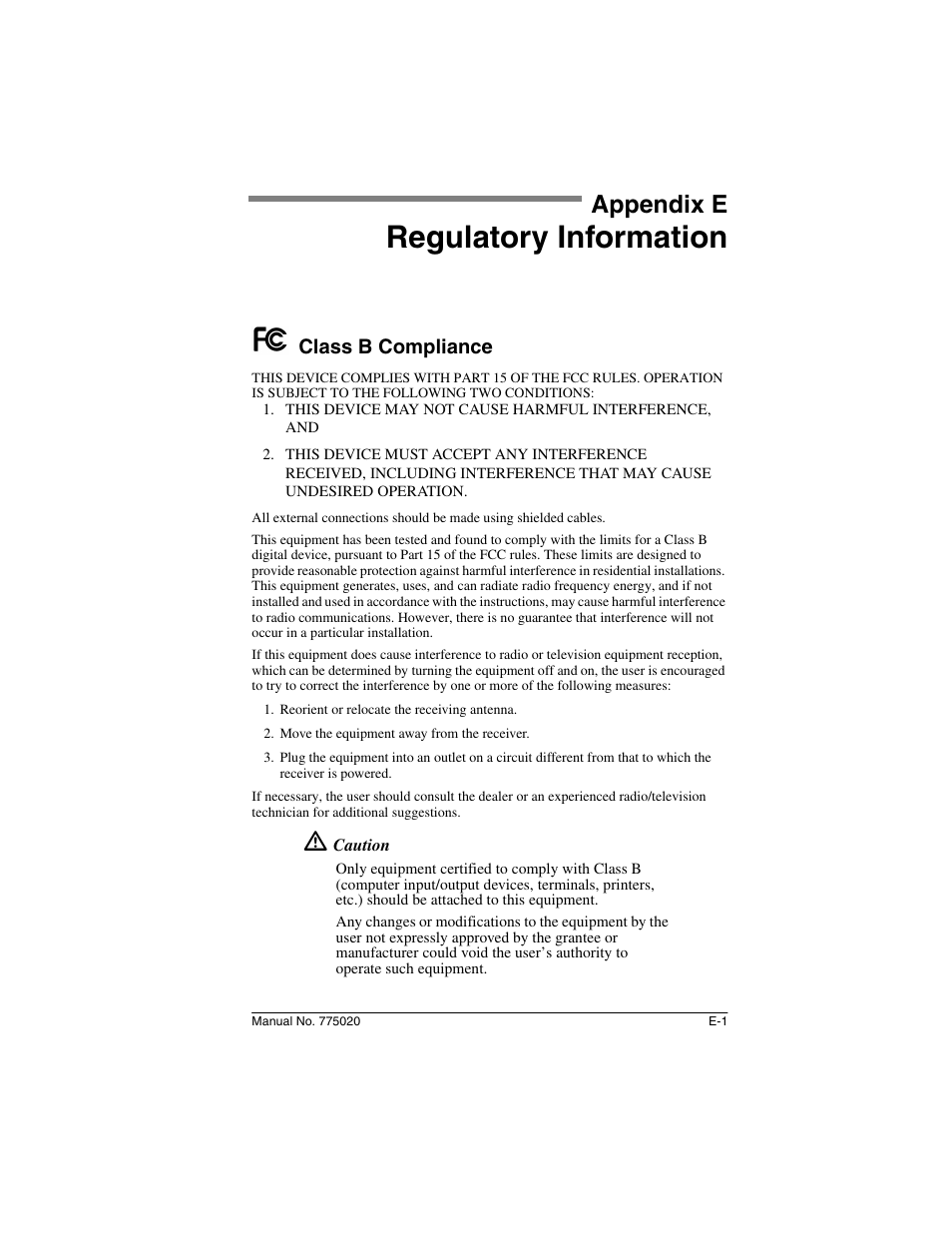 Appendix e: regulatory information, Class b compliance, Appendix e | Regulatory information | Avago Technologies AcceleRAID 150 User Manual | Page 65 / 102